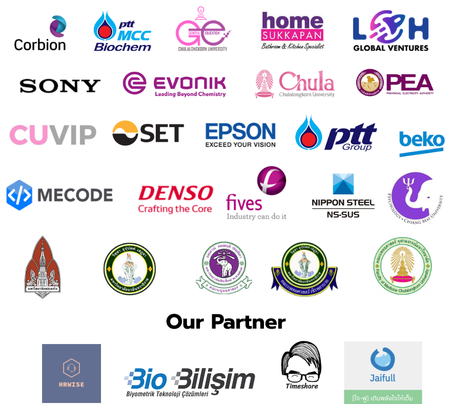 Clients and partners including Corbion, PTT, SONY, EVONIK, Chula, PEA, EPSON, beko, DENSO, Nippon Steel and more